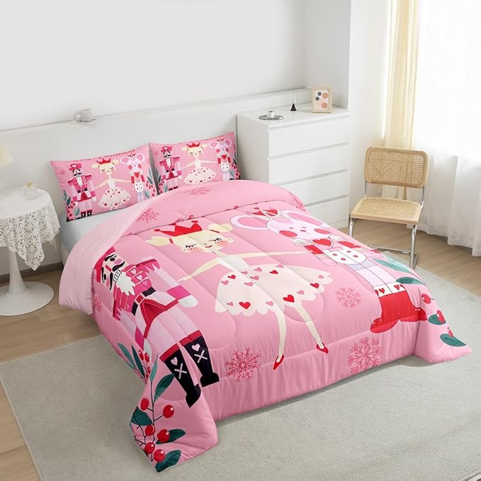 Feelyou Pink Christmas Comforter Set All Season Nutcracker Bedding Set with 1 Pillow Cases Mouse King Microfiber Kids Toddler Bedclothes Royal Guarder Ballet Princess Bedroom Decor Duvet Quilt Soft