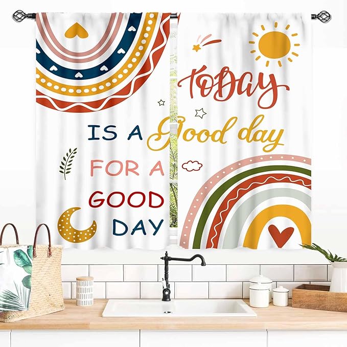Rainbow Curtains for Classroom, Kids Girls Baby Boho Cute Inspirational Motivational Quotes Cartoon Colorful Pastel Nursery Classroom Bedroom Living Room Bathroom Window Drapes 2 Panels, 55x39 Inch