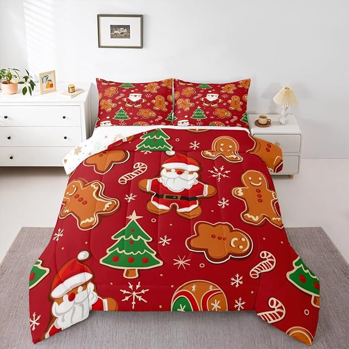 Feelyou Christmas Kids Comforter Set Toddler Size Santa Bedding Set Gingerbread Man Duvet Quilt for Kids Boys Girls Bedroom Xmas Tree Snowflake Decor Microfiber Ultra Soft Breathable