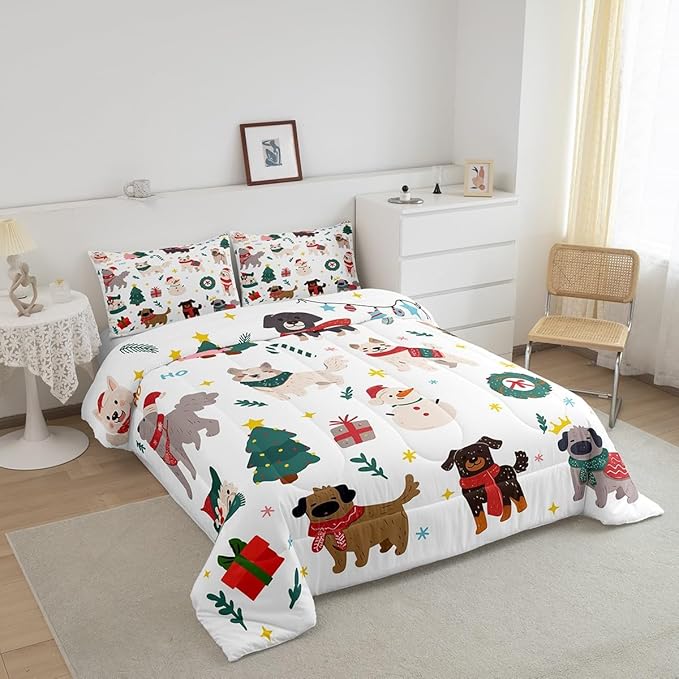 Erosebridal Merry Christmas Quilt Toddler Size Cartoon Dog Comforter Set for Teens Kids Boys Xmas Tree Snowman Bedding Set Cute Pug Puppy Animal Duvet Insert with 1 Pillow Case