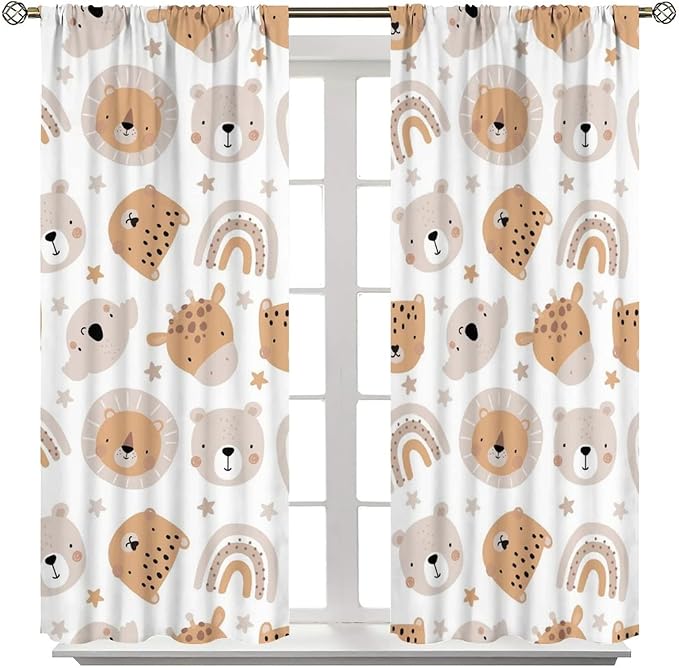 Cartoon Boho Animal Curtains,Funny Forest Safari Print,Cute African Wildlife Koala Giraffe Lion Leopard Bear Rainbow Blackout Window Drapes for Boys Girls Kids Baby Child Bedroom 42x54 Inch