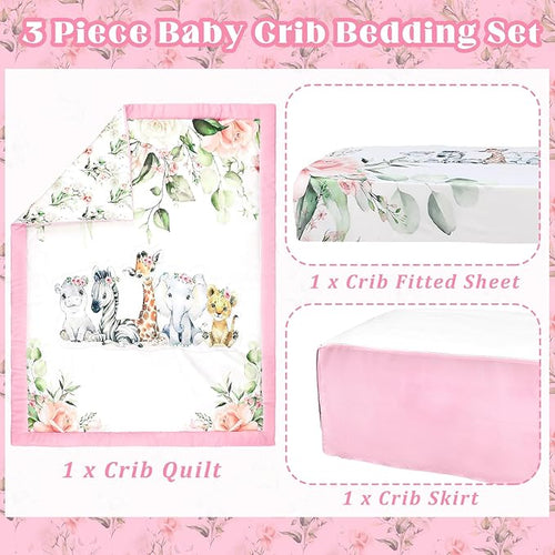 3 Pcs Baby Crib Bedding Set Safari Animals Dinosaurs Bear Woodland Animals Jungle Crib Set Includes Quilt, Fitted Sheet, Skirt for Baby Boy Girl(Pink,Safari)