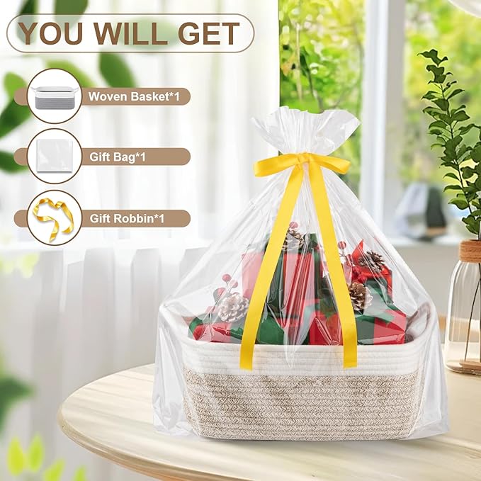 OIAHOMY Small Woven Rope Basket with Gift Bags and Ribbons, Gift Basket Empty for Baby Shower Birthday, Halloween, Christmas, Cute Cat Ear Handles for Shelf Living Room Bathroom, Grey & White
