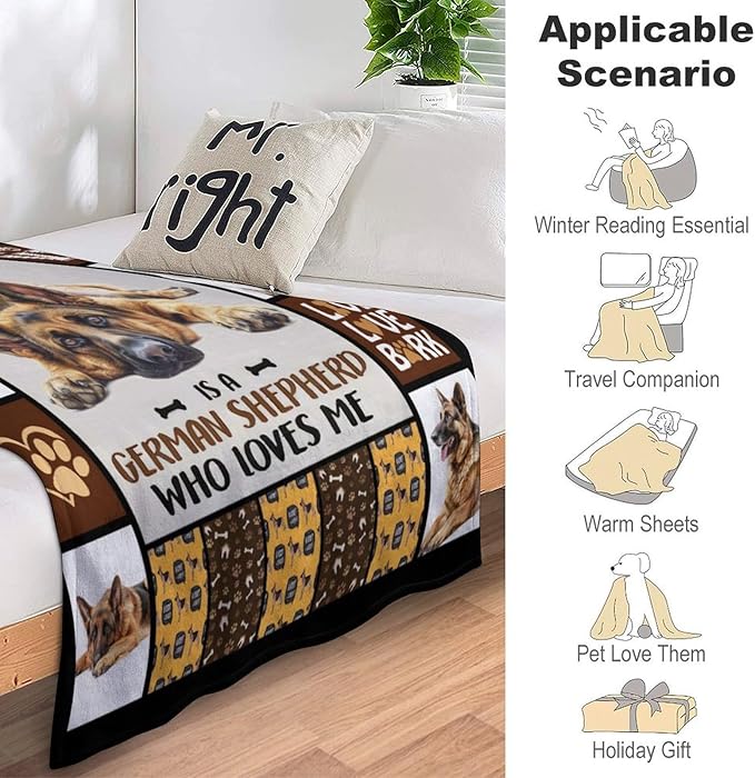 German Shepherd Dog Print Blanket Best Dog Pet Animal Throw Blankets for Couch Sofa Stuff Decor Gifts Lightweight Soft Cozy Fleece Plush Warm Flannel Bedding for Lover Man Woman Teen Adults 60"x80"