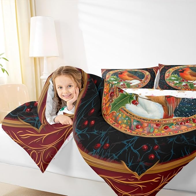 Feelyou Merry Christmas Comforter Set Twin Size Robin Bird Bedding Set for Kids Boys Girls Snowflake Duvet Quilt Winter Bedroom Decor Microfiber 2 Pcs with 1 Pillow Cases