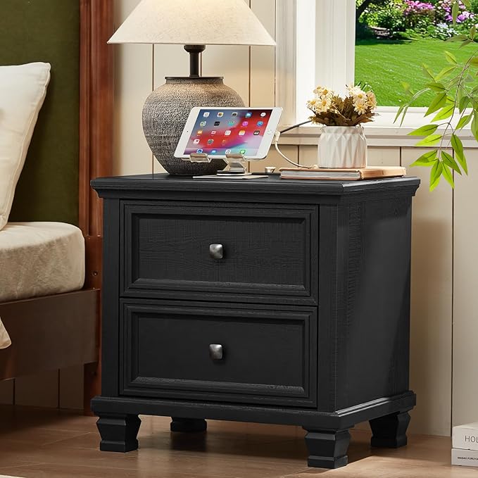 Farmhouse Bedroom Dresser and Nightstand Set of 4, 6 Drawer Low & 5 Drawers Dresser & 2 Drawer Nightstand Set, Rustic Wood Furniture Set for Bedroom, Hallway, Black