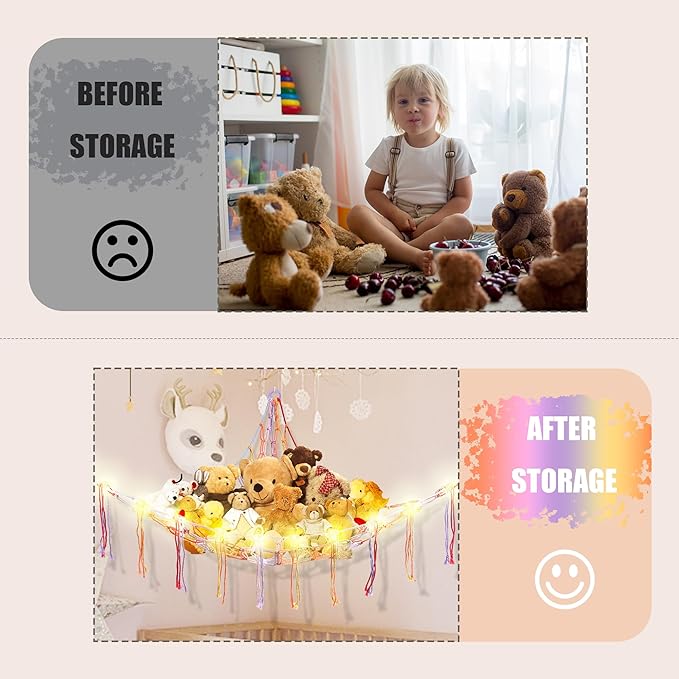 Stuffed Animal Hammock with LED Light, Large Stuffed Animals Storage Corner Plushie Net for Kids Room Decor, Rainbow