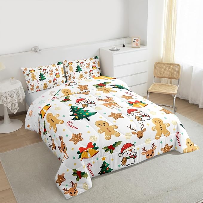 Feelyou Merry Christmas Comforter Set All Season Gingerbread Man Bedding Set with 1 Pillow Cases Cute Deer Microfiber Kids Toddler Bedclothes Christmas Tree Duvet Quilt Breathable Soft Lightweight