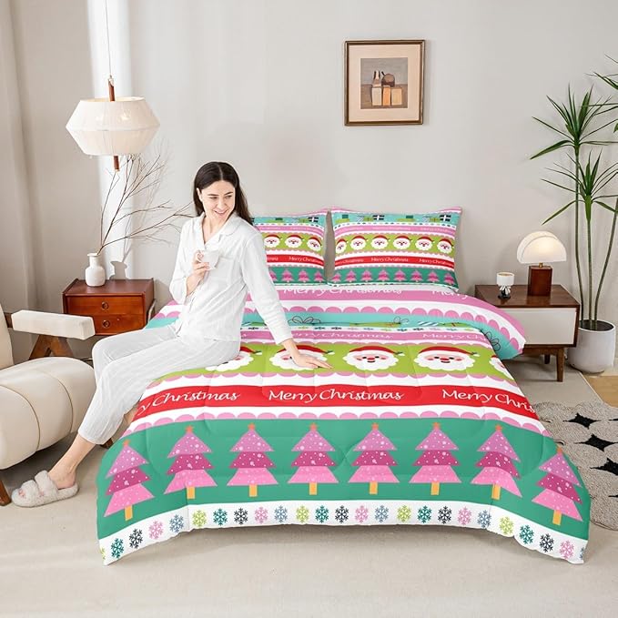 Feelyou Merry Christmas Comforter Set King Size Santa Claus Bedding Set for Kids Boys Girls Xmas Tree Snowflake Duvet Quilt Striped Bedroom Decor Microfiber 3 Pcs with 2 Pillow Cases