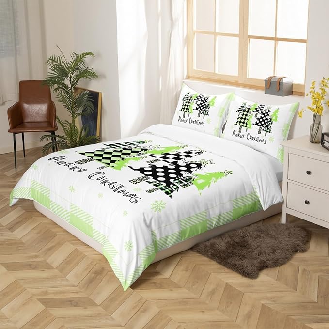 Manfei Xmas Trees Duvet Cover Set King Size, Green Plaid Grid Snowflake Bedding Set for Kids Girls Bedroom Decor, Christmas Theme Comforter Cover New Year Quilt Cover with 2 Pillowcases, No Comforter