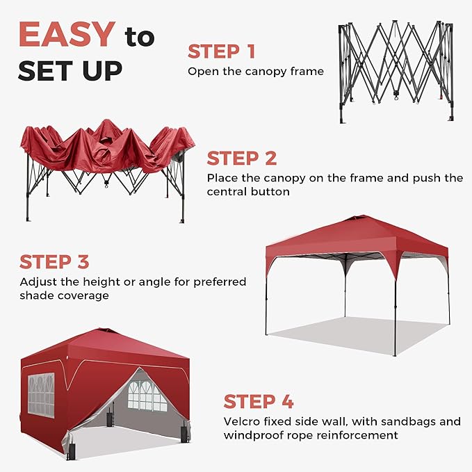 GDY 12x12FT Pop Up Canopy Tent with One Push Setup, Easy to Install with 4-Sidewalls for Events, Parties, Camping, Outdoor Gazebo with 4-Sandbags, Red.