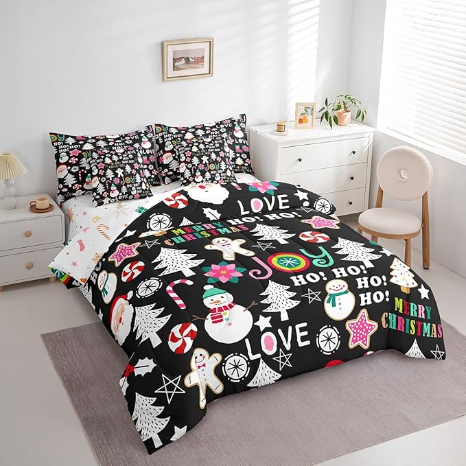 Christmas Kids Bedding Set Cartoon Snowman Gingerbread Man Comforter Set with Sheets for Boys Girls Christmas Tree Decor Bed in a Bag Pink Xmas Theme Black Bed Set 7Pcs Twin Size