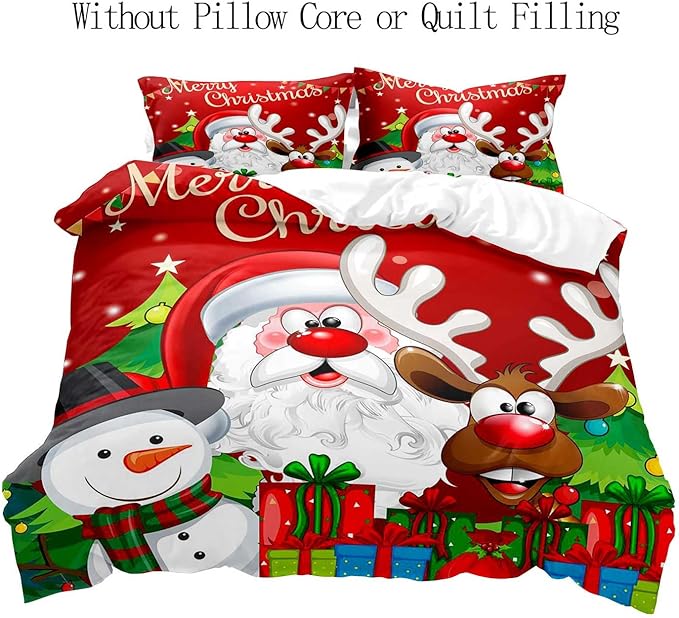 LUVIVIHOME 3PCS Red Christmas Duvet Cover Full Bedding Set, Boys Girls Kids Bedding, Santa Claus Snowman Reindeer Holiday New Year Xmas Gifts Christmas Comforter Bedspread Quilt Cover, 2 Pillow Cases
