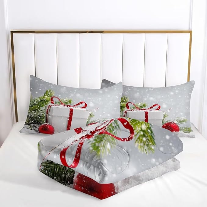 kxry Christmas Comforter Set Snow Scene Evergreen Bough Bedding King Size for Girls Boys Kids Gift Box Red Balls Quilt Duvet 1 Comforter + 2 Pillow Cases