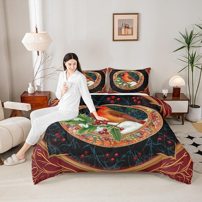 Feelyou Merry Christmas Comforter Set Full Size Robin Bird Bedding Set for Kids Boys Girls Snowflake Duvet Quilt Winter Bedroom Decor Microfiber 3 Pcs with 2 Pillow Cases