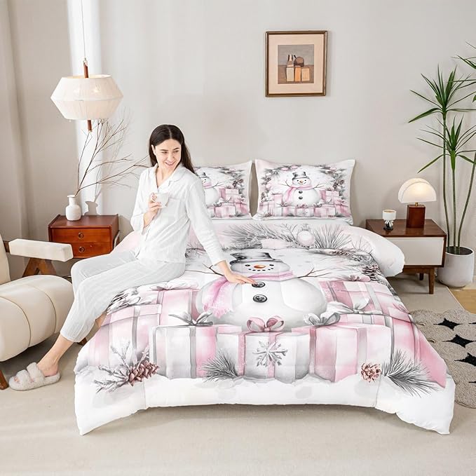 Feelyou Merry Christmas Comforter Set All Season Cute Snowman Bedding Set with 2 Pillow Cases Microfiber Kids Queen Bedclothes Snowflake Bedroom Decor Duvet Quilt Breathable Soft