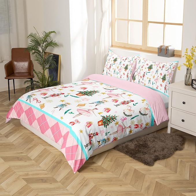 Feelyou Nutcracker Christmas Pink Comforter Cover Queen Size Xmas Royal Guarder Ballet Princess Duvet Cover New Year Pink Buffalo Plaid Bedding Set Gifts for Kids Boys Girls 2 Pillow Cases