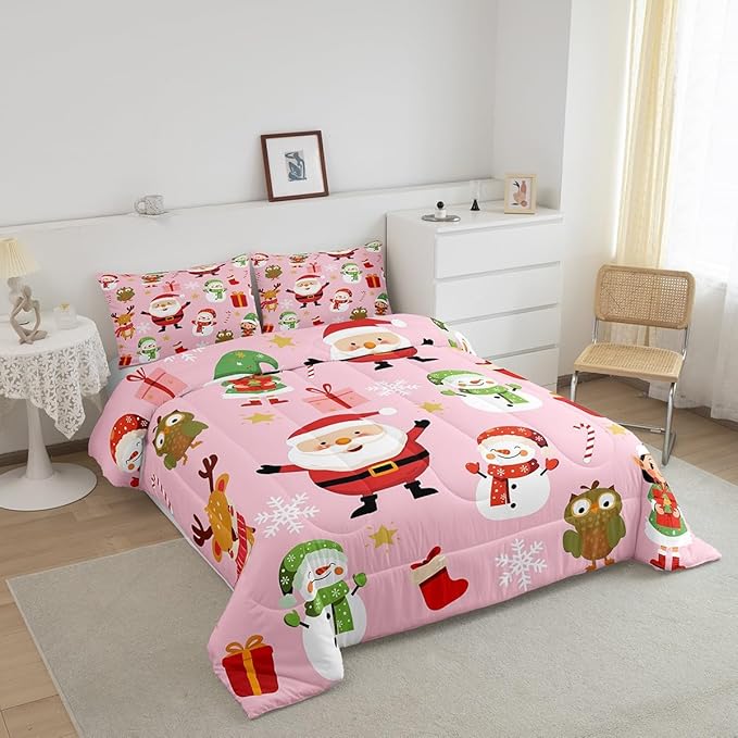 Erosebridal Merry Christmas Bedding Set for Kids Santa Claus Quilts Cute Cartoon Snowman Comforter Set Queen Size with 2 Pillow Cases Xmas Snowflake Duvet Insert,Pink