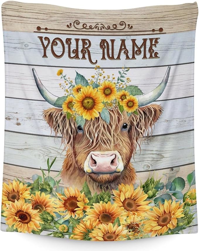 Personalized Blanket Gifts for Women Girls - 60x50 Inches Cute Highland Cow Throw Blanket for Kids Teens Adults - Yellow Soft Flannel Vintage Blankets for Bed Couch Travel