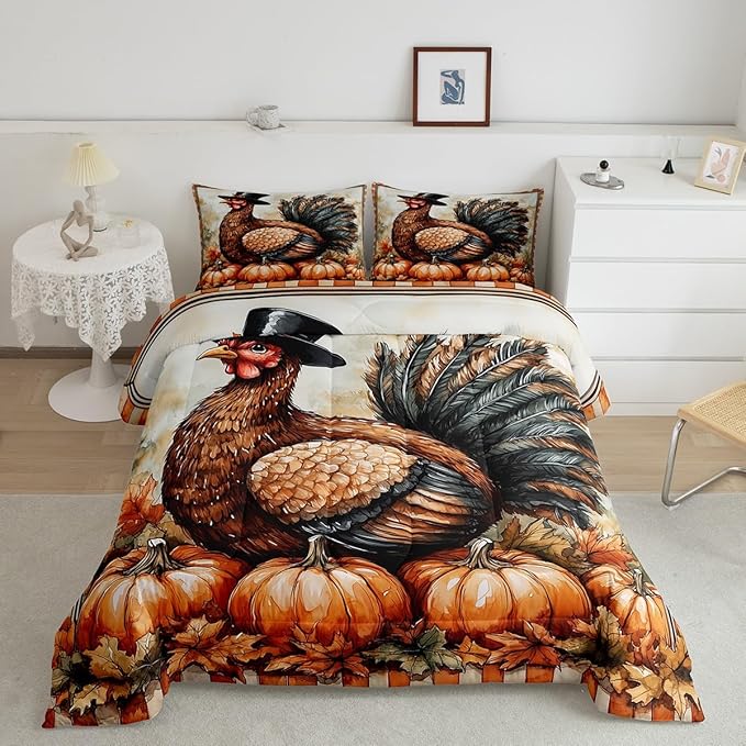 Feelyou Boys Girls Thanksgiving Comforter Cover Full Size, Fall Autumn Comforter Set for Turkey Duvet Cover Kids Pumpkin Teens Bedspread Cover Bedroom Decor Bed Set 3Pcs