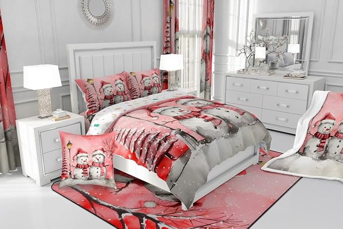 Feelyou Christmas Bedding Set Soft for Boys Girls, Pink Watercolor Snowman Comforter Set Queen Size Xmas Winter Duvet Quilt Microfiber Snowflake Bedroom Decor 3 Pcs with 2 Pillow Cases