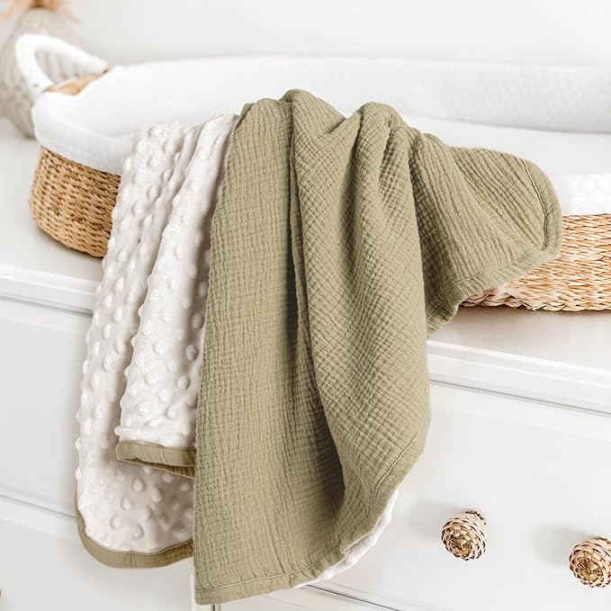 lulumoon Baby Blankets for Newborn Unisex: Thermal Minky Dotted Backing - Muslin Receiving Blanket for Baby Essential & Registry Gift 30"x40"(Olive)