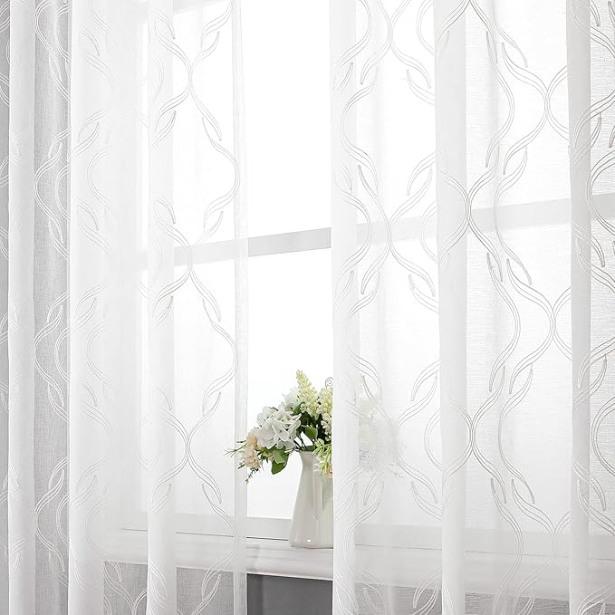 VISIONTEX Sheer Curtains 63 Inches Long 2 Panels Set, White Moroccan Embroidery Texture Geometric Rod Pocket White Voile Tulle Semi Window Treatment Pair for Bedroom, W54 x L63