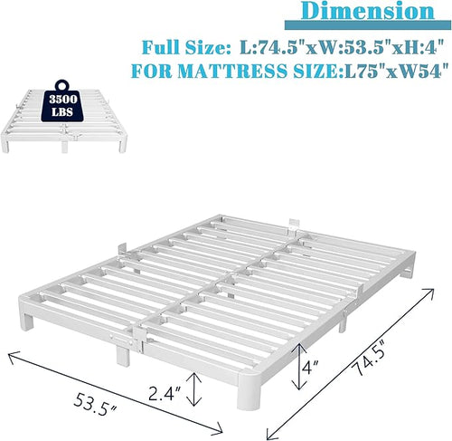 4 Inch Full Size Bed Frame with Metal Gaskets, White Bed Frame Full No Box Spring Needed, Rounded Corner Design, Heavy Duty Steel Platform Support, Noiseless, Easy Assembly