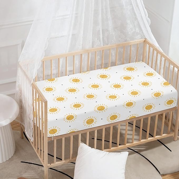 Suns Hearts Fitted Crib Sheet for Boys Girls Yellow Sun and Little Heart Baby Sheet for Standard Crib and Toddler Cute Sunshine Nursery Bed Mattress Sheets 28"x52"