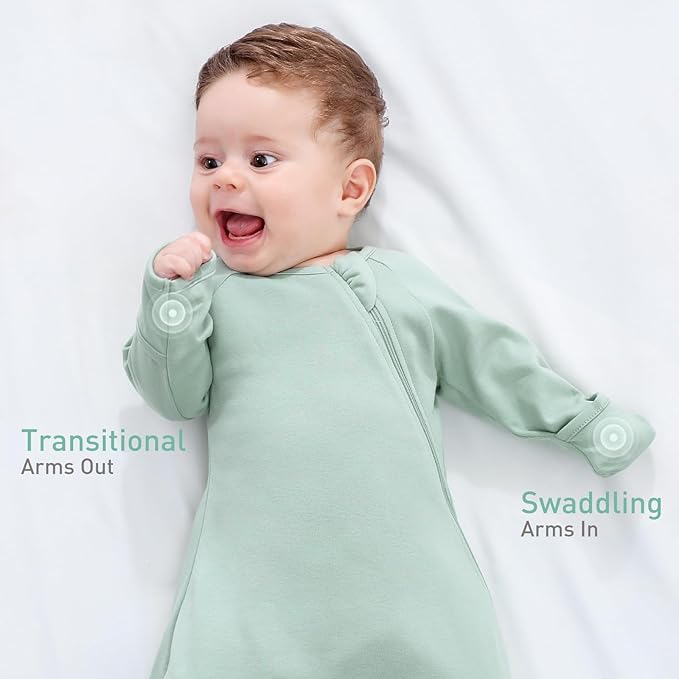 Newborn Baby Transitional Swaddle Sack Arms Up Sleeves Mitten Cuffs 2 Pack 0-3 Months Premium Soft Cotton, Wearable Swaddling Blanket Sleeping Sacks for Boys Girls Calms Startle Reflex Sleep Bag