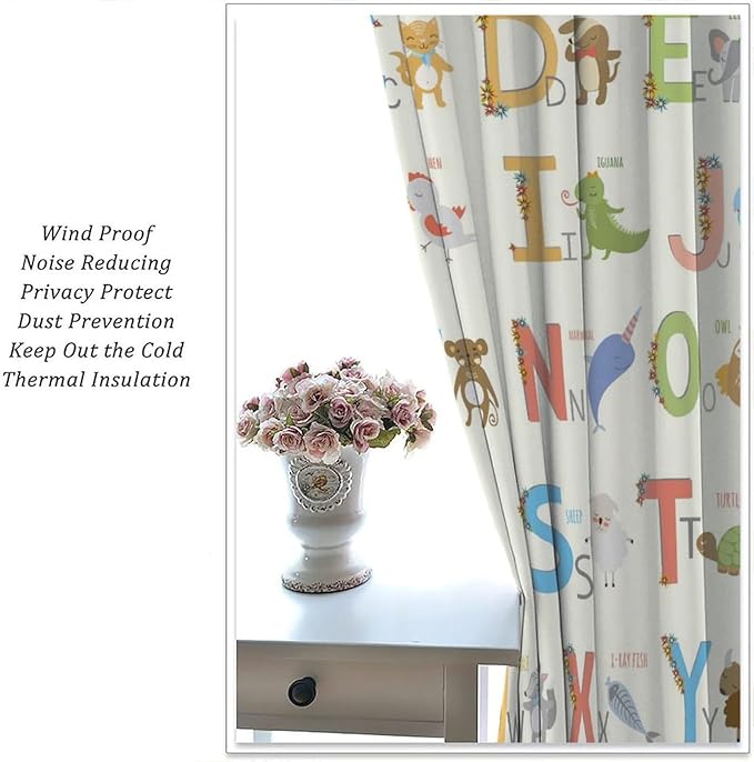 Kids Alphabet Curtains Funny Letter Education Cute Cartoon Animal Printed Curtain with Rod Pocket for Bedroom Living Room Home Decor Drapes Window Treatments 2 Panels Set 63" W X 72" L