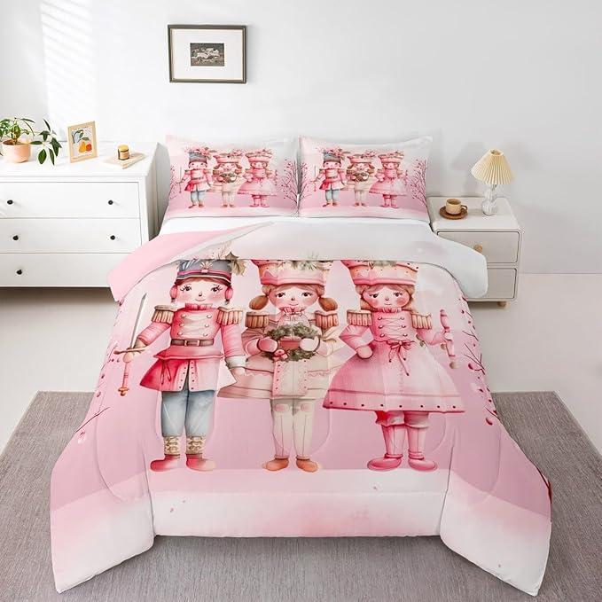 Feelyou Christmas Decor Nutcrackers Bedding Set Soft for Boys Girls, Pink Christmas Comforter Set King Size Pink Nutcrackers Duvet Quilt Berries Printed Room Decor Kawaii 3 Pcs with 2 Pillow Cases