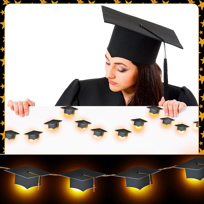 VIHOSE Graduation Decorations Class of 2025 Grad Cap String Lights 20 LED 10 ft Hanging Garland Banners Battery Operated for Wall 2025 Middle School Graduation Gifts Party Supplies