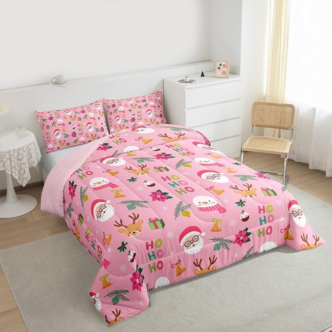 Feelyou Santa Claus Comforter Set Toddler Size Xmas Bedding Set for Kids Boys Girls Christmas Decor Duvet Quilt Happy New Year Bedroom Decor Microfiber 2 Pcs with 1 Pillow Cases