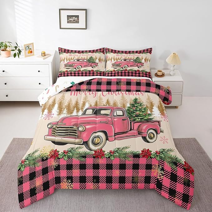 Erosebridal Christmas Comforter Sets Merry Xmas Tree Bedding Sets King Red Truck Painting Down Comforter,Lattice Decor Bed Set for Kids Boys Girls Teens Bedroom Decor,Reversible