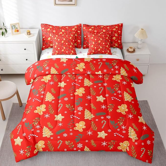 Feelyou Christmas Tree Comforter Set King Size 7 Pieces Cute Gingerbread Man Bedding Set for Kids Boys Girls Red Botanical Bed in a Bag Reversible Xmas Decor Bedroom Quilted Breathable Soft