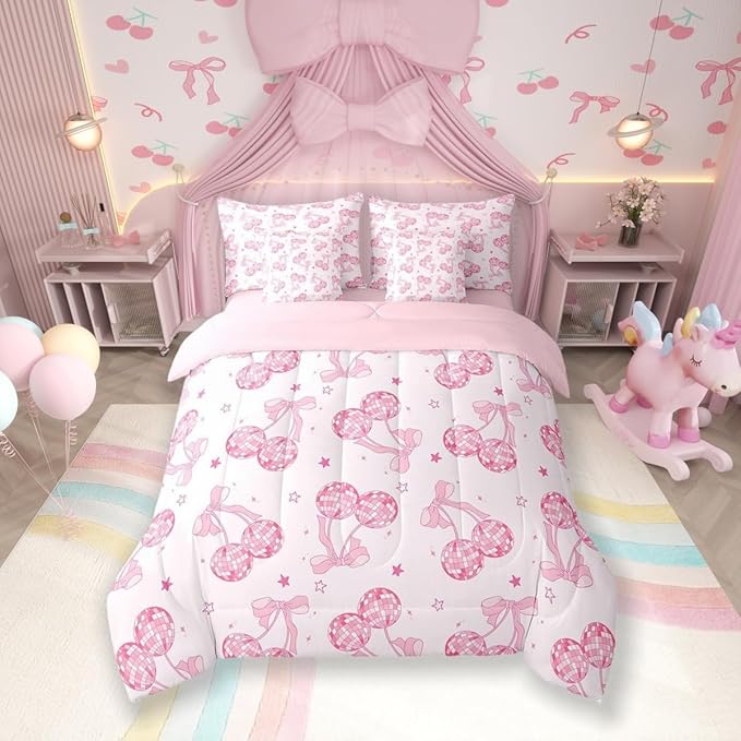 7 Pieces Bowknot Princess Kids Comforter Set King,Disco Crystal Ball Western Cowgirl Bedding Set,Starry Sky Bow Tie Romantic Pink Girly（Comforter+Fitted+Flat Sheet+2 Pillowcases+2 Throw Pillow Covers）
