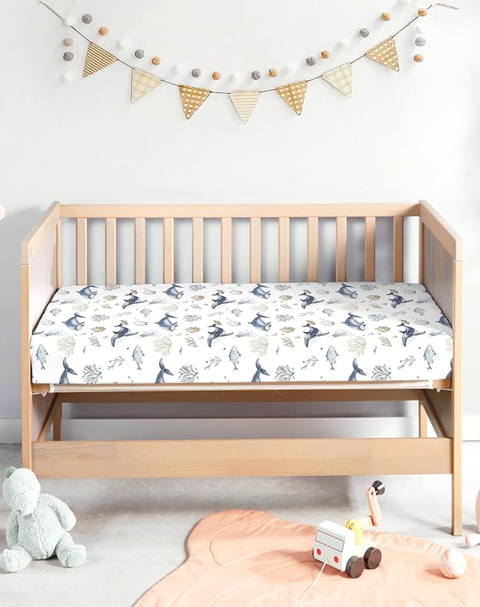 Pack and Play Sheets 2 Pack, Fitted Jersey Knit Mini Crib Sheets for Baby Boys and Girls, Compatible with Graco Pack N Play and Mini Crib Mattress (Aquatic Adventures, Pack N Play/Mini Crib Sheets)