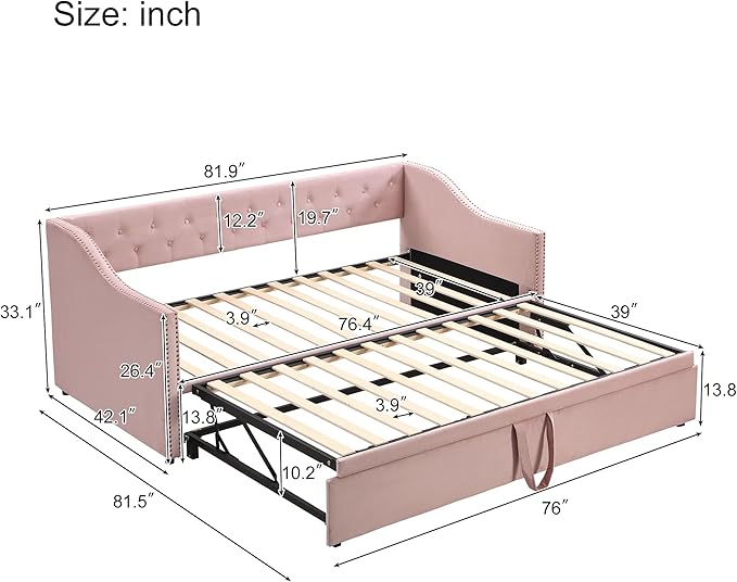 Merax Twin Size Upholstered Velvet Daybed with Pop Up Trundle, Multi-Functional Sofa Bed with Backrest and Two Armrest for Kids Room, Guest Room, Living Room,Pink