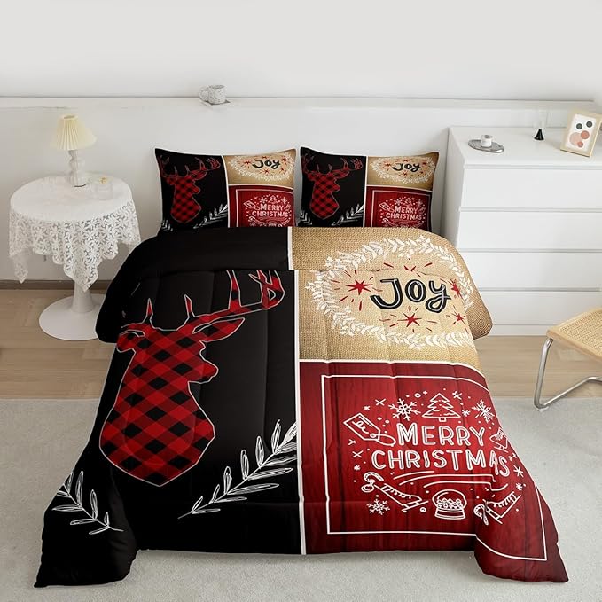 Deer Antler Kids Christmas Comforter Set Queen Size,Elk Plam Leaves Bedding,Girls Boys Adults Bedroom/Xmas Cabin Decor,Plank Lattice Vintage Down Comforter,Rustic Farmhouse Duvet Insert,2 Pillowcases