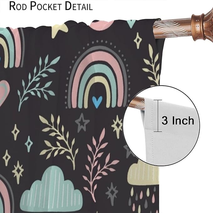 Boho Rainbow Curtains for Kids Nursery Colorful Floral Sun Star Clouds Pastel Bohemian Pattern Print Window Drapes for Girl Bedroom Living Room Kitchen Decor,2 Panel Set,63Wx72H Inch Blackout