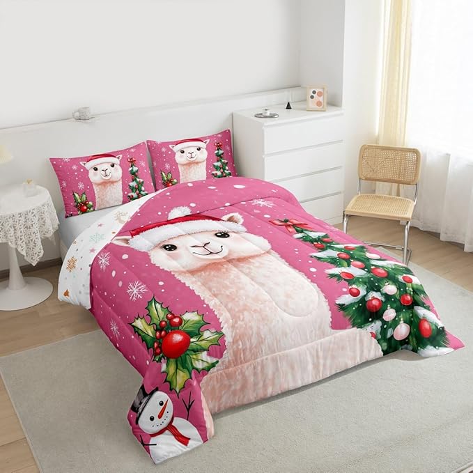 Feelyou Merry Christmas Bedding Set Soft for Boys Girls, Cute Llama Comforter Set King Size Snowflake Duvet Quilt Microfiber Christmas Tree Bedroom Decor 3 Pcs with 2 Pillow Cases