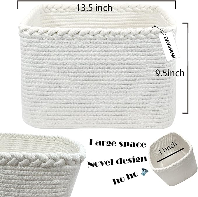 Rectangular Woven Cotton Rope Basket for Organizing, Gift Baskets for Handles, Empty Gift Baskets, Medium Rope Basket|13.5" x 11" x 9.5" home decor for Toys,Towels, Pillows,Clothing（White）