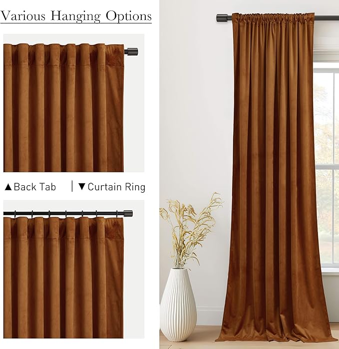 StangH Velvet Curtains 96 inches Long - Burnt Orange Holiday Home Decor Back Tab Blackout Privacy Assured Window Covering for Living Room Sliding Door, W52 x L96, 2 Panels
