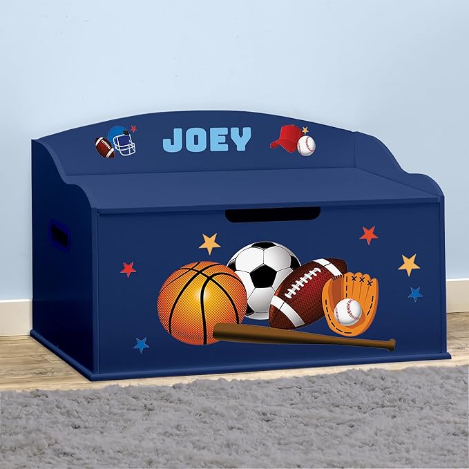 DIBSIES Personalized Creative Wonders Toy Box, Sports, 30 x 19.25 x 18 inches, Soft-Close Lid (Blue)