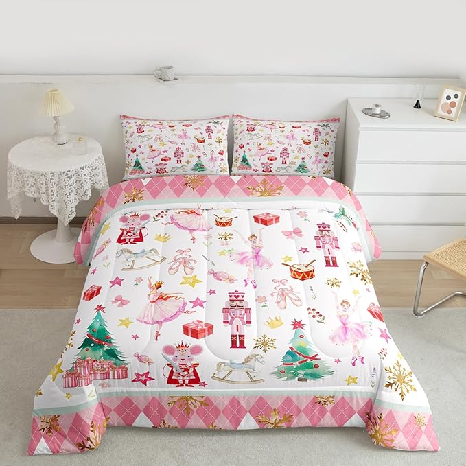 Feelyou Pink Christmas Kids Comforter Set King Size Ballet Nutcracker Bedding Set Snowflake Duvet Quilt for Kids Boys Girls Bedroom Decor Microfiber Ultra Soft Breathable
