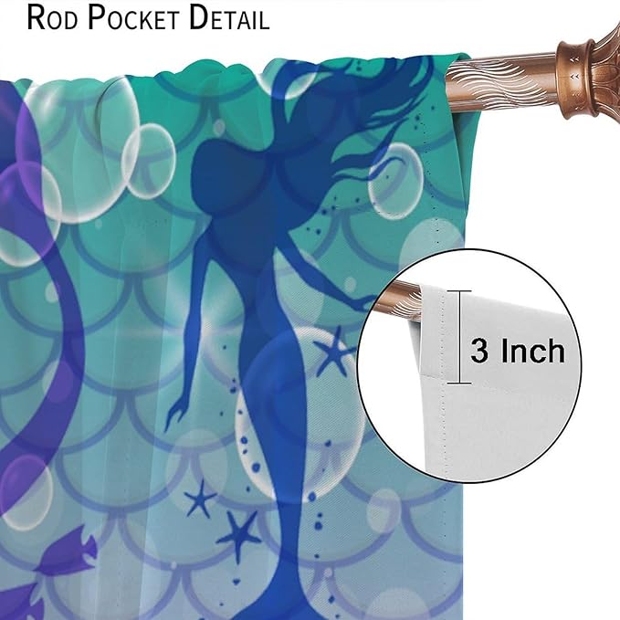 Mermaid Kids Girls Curtains Fantasy Mermaid Silhouette Ocean Theme Beautiful Blackout Window Treatment for Girls Bedroom Nursery Room Decor Rod Pocket Window Drapes 63" W X 63" L