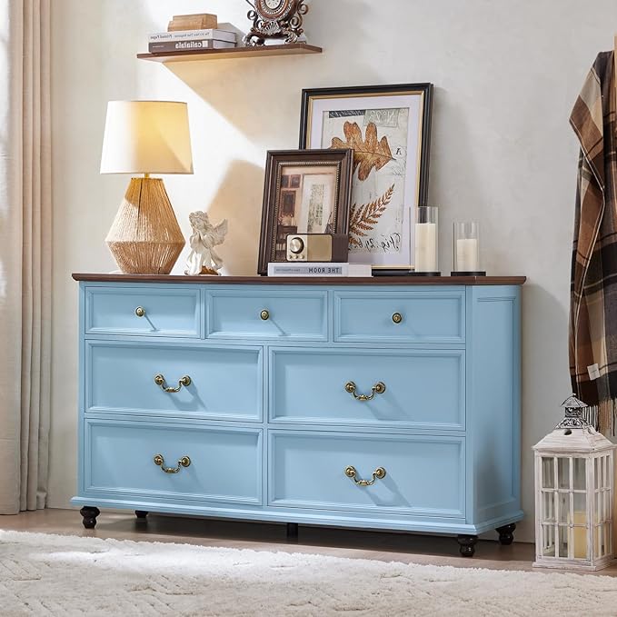 Farmhouse Dresser and Nightstand Sets, Wood 54" Wide Dresser & 24" Night Stand with Charging Station, 2 Piece Bedroom Furniture Set, Chest of Drawers for Bedroom, Home, Living Room, Hallway