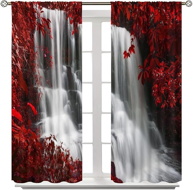 Red Forest Waterfall Blackout Windows Curtains, 2 Panels, 42x54in, Red & Black, Rustic Style, Rod Pocket Top, Suitable for Bedroom, Living Room