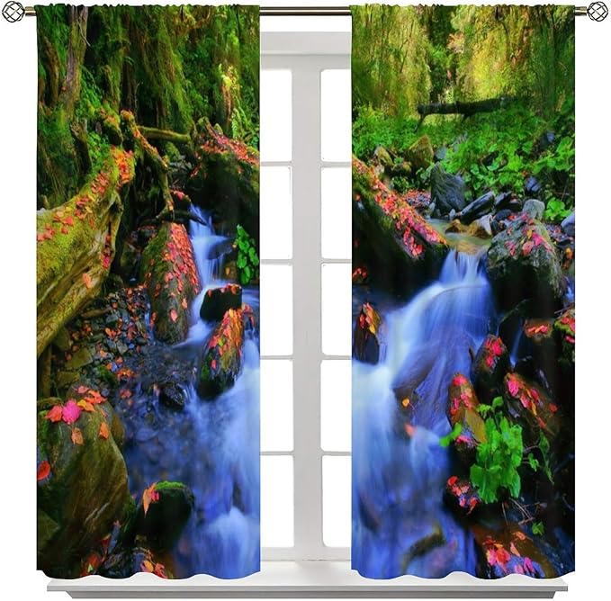 Forest Landscape Blackout Curtains, Natural River Rainforest Waterfalls Plant Print Pattern Window Drapes, for Bedroom Living Room 52" W X 84" L